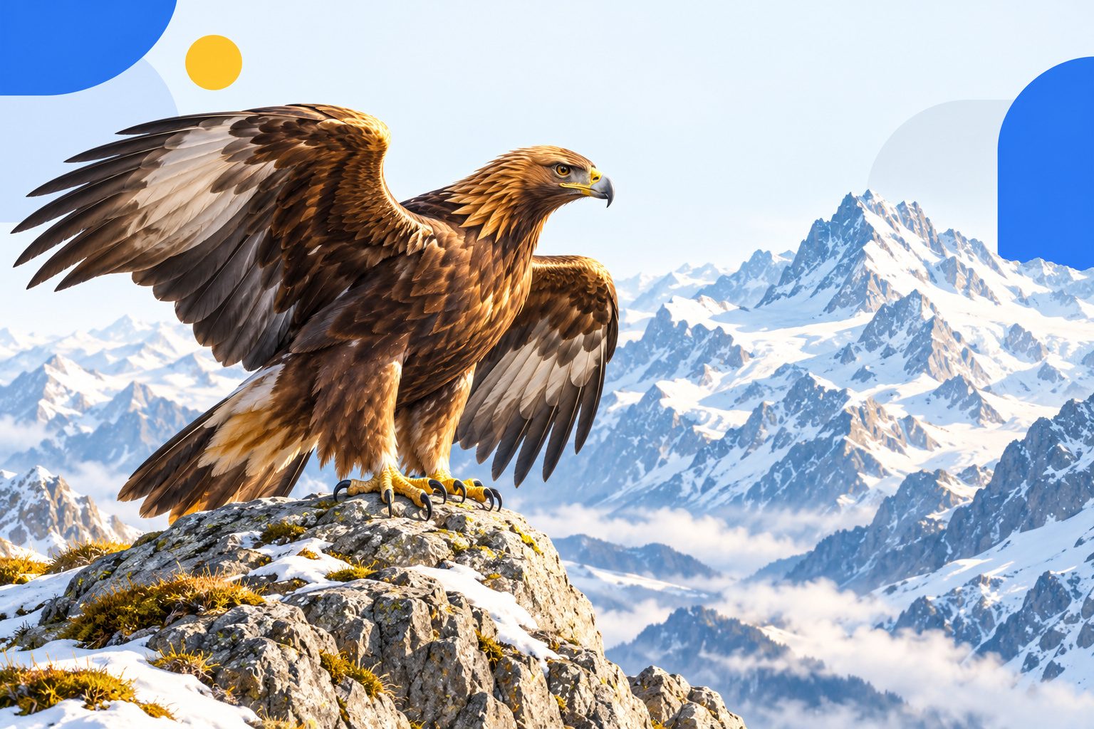 Aigle royal posé sur un rocher en haute montagne, ailes à moitié déployées, avec des sommets enneigés en arrière-plan