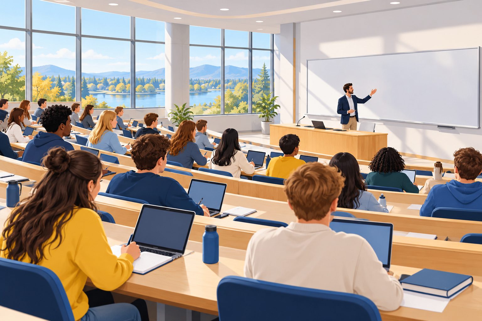 Étudiants dans un amphithéâtre universitaire pendant un cours magistral
