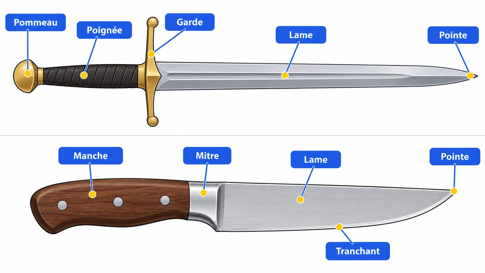 Anatomie d'une épée et d'un couteau