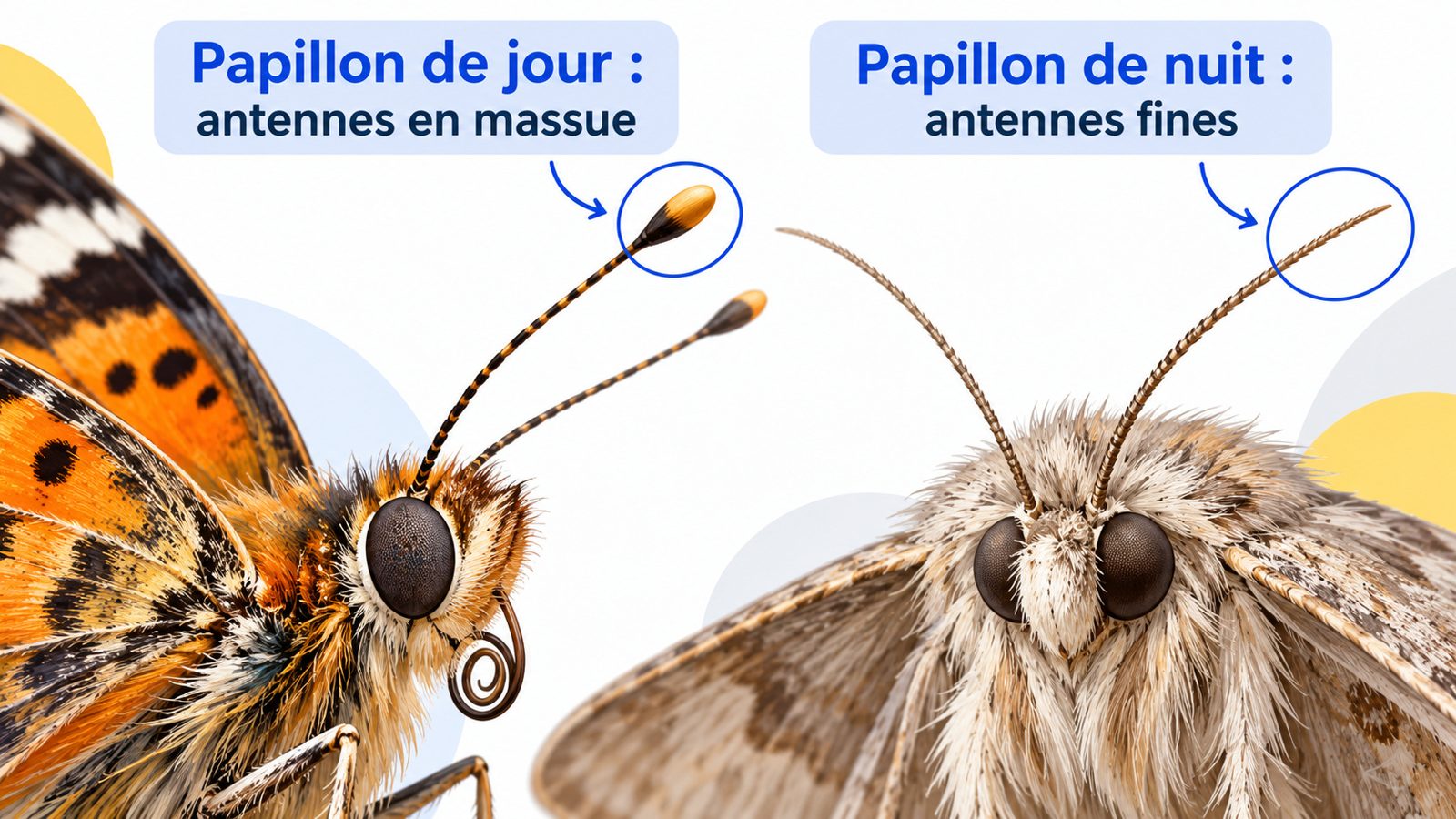 Comparaison en gros plan des antennes en massue d'un papillon de jour et des antennes fines d'un papillon de nuit