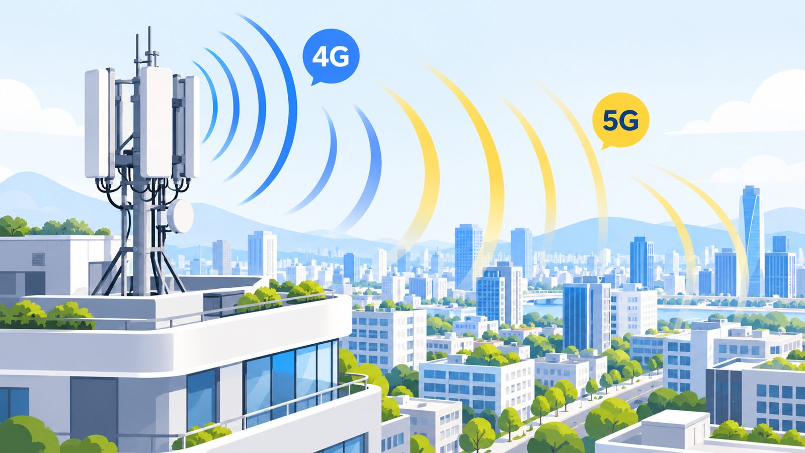 Antenne-relais de téléphonie mobile sur un toit d'immeuble avec des ondes stylisées 4G et 5G