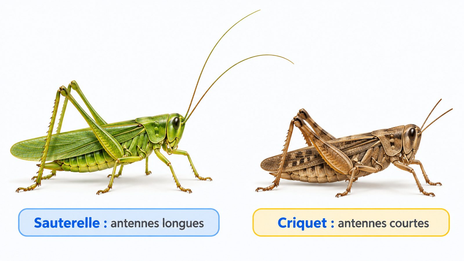 Comparaison en gros plan d'une sauterelle verte aux très longues antennes et d'un criquet brun aux antennes courtes