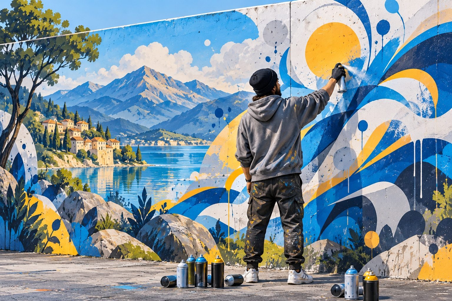 Artiste de dos qui peint à la bombe une grande fresque colorée sur un mur autorisé, avec des bombes de peinture posées au sol