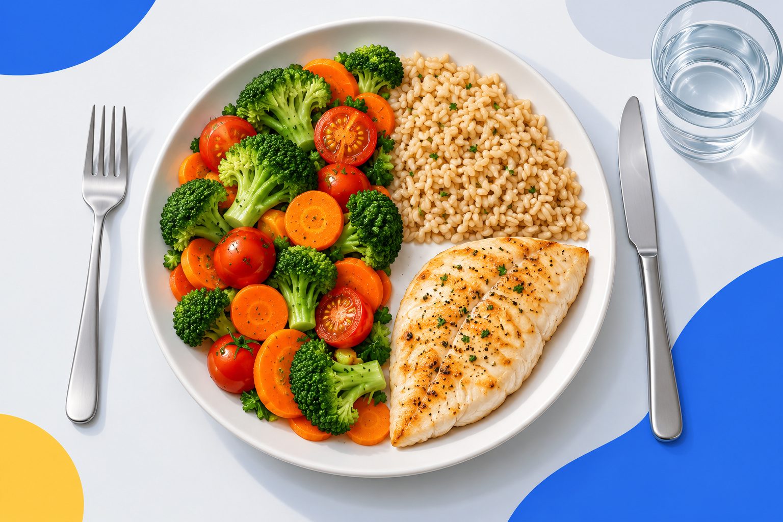 Assiette équilibrée avec une moitié de légumes, un quart de féculents et un quart de protéines