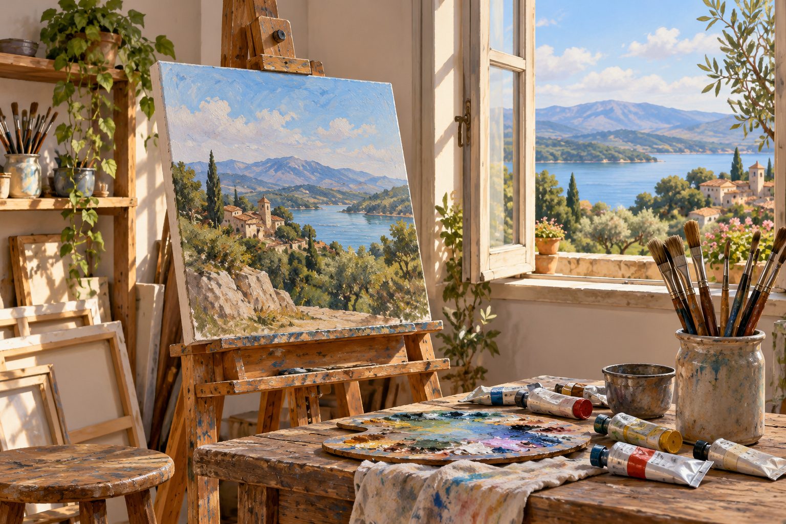 Atelier lumineux avec une toile en cours sur un chevalet, des tubes de peinture, des pinceaux dans un pot et une fenêtre ouverte