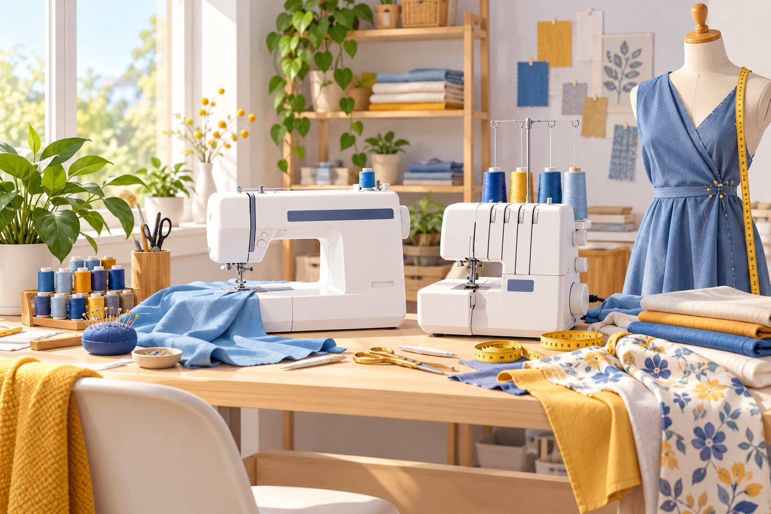 Coin couture à la maison avec une machine à coudre et une surjeteuse