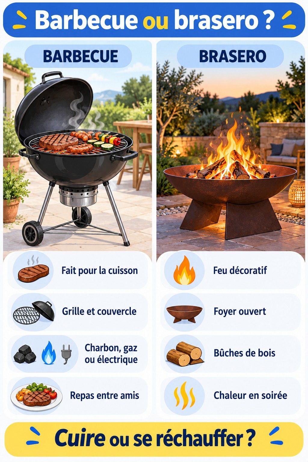 Différence entre barbecue et brasero : infographie comparative