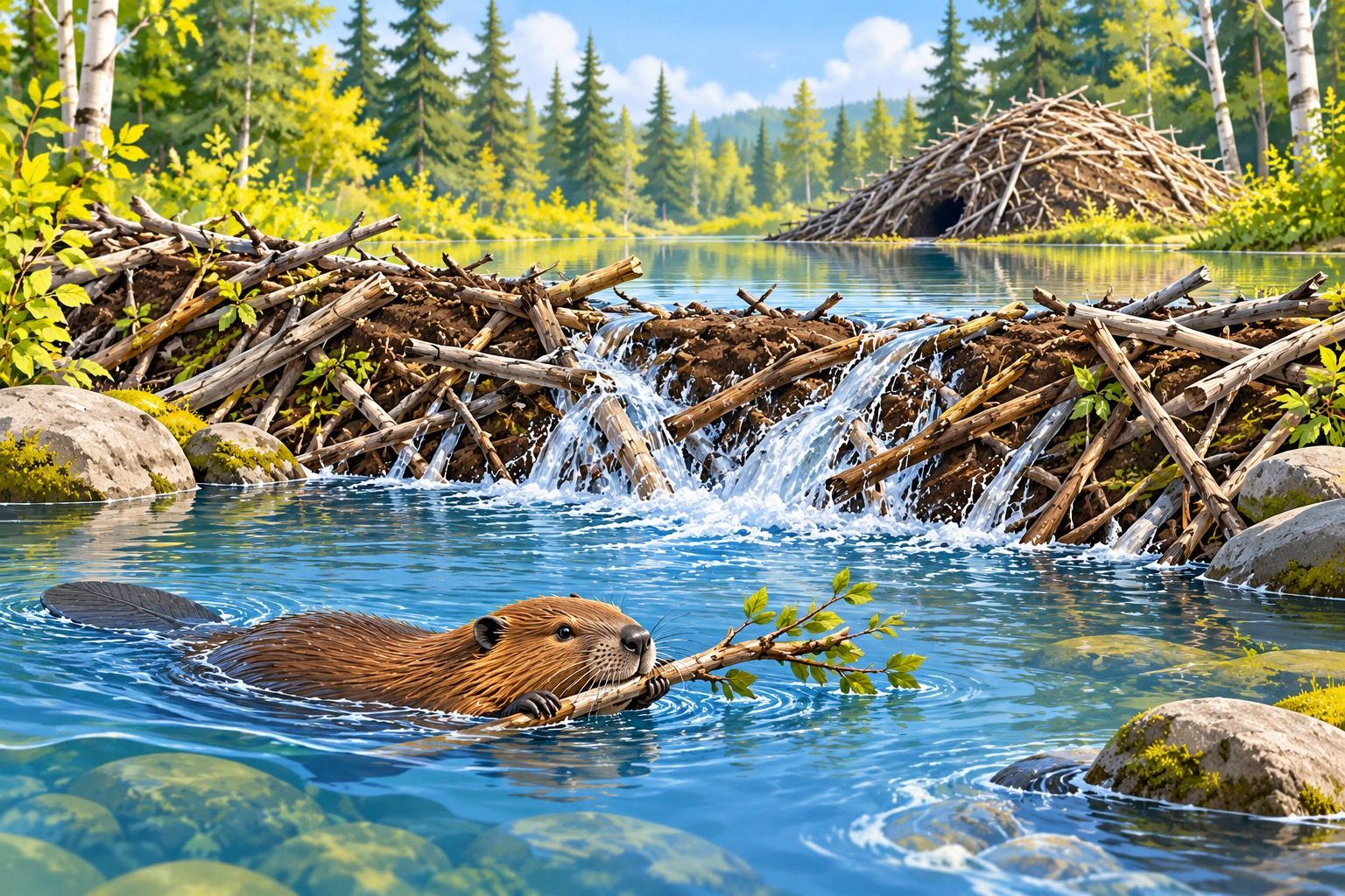 Barrage de castor fait de branches et de boue sur un ruisseau en forêt, avec un castor qui nage en tenant une branche