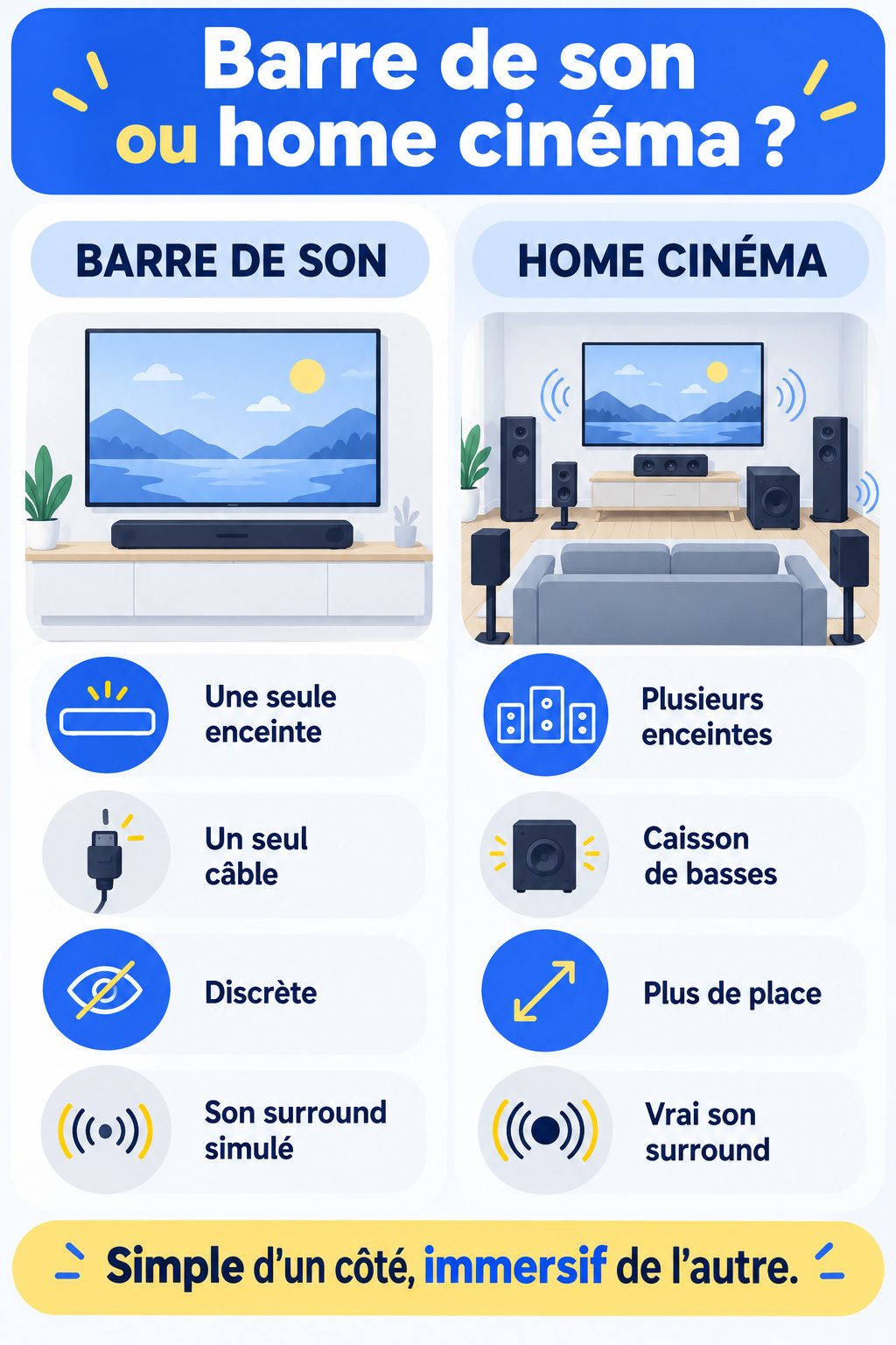 Différence entre barre de son et home cinéma : infographie comparative