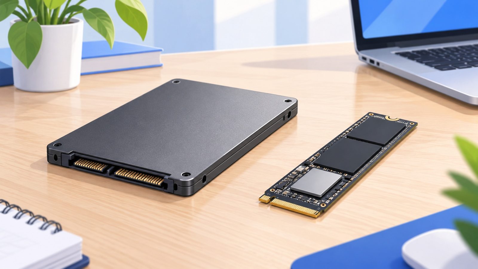 Deux SSD posés côte à côte sur un bureau : un SSD SATA au format boîtier 2,5 pouces et une fine barrette SSD NVMe au format M.2