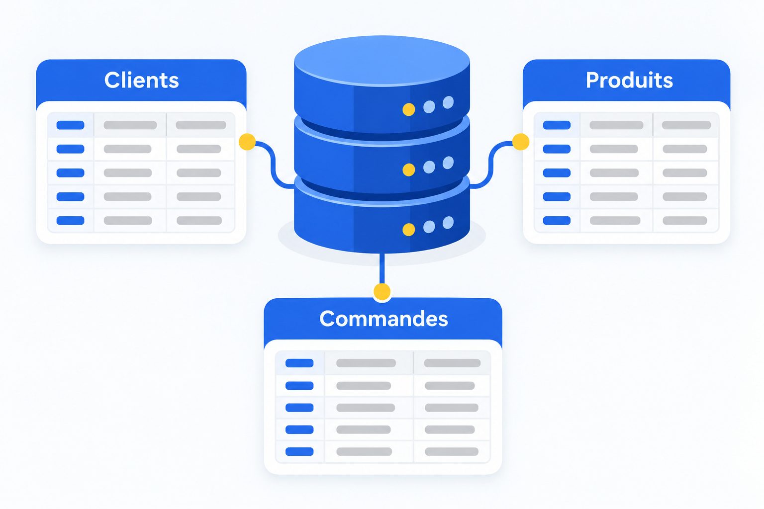 Illustration d'une base de données reliant des tables de clients, commandes et produits