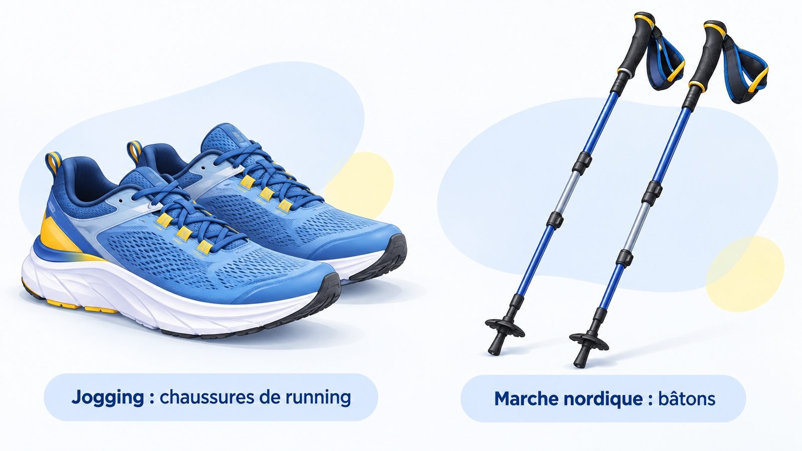 Comparaison d'une paire de chaussures de running et de deux bâtons de marche nordique avec leurs dragonnes