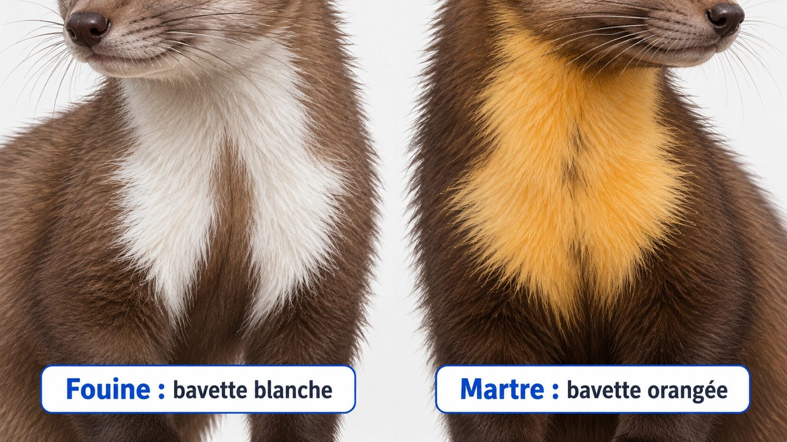 Comparaison de la bavette blanche fourchue d'une fouine et de la bavette orangée arrondie d'une martre