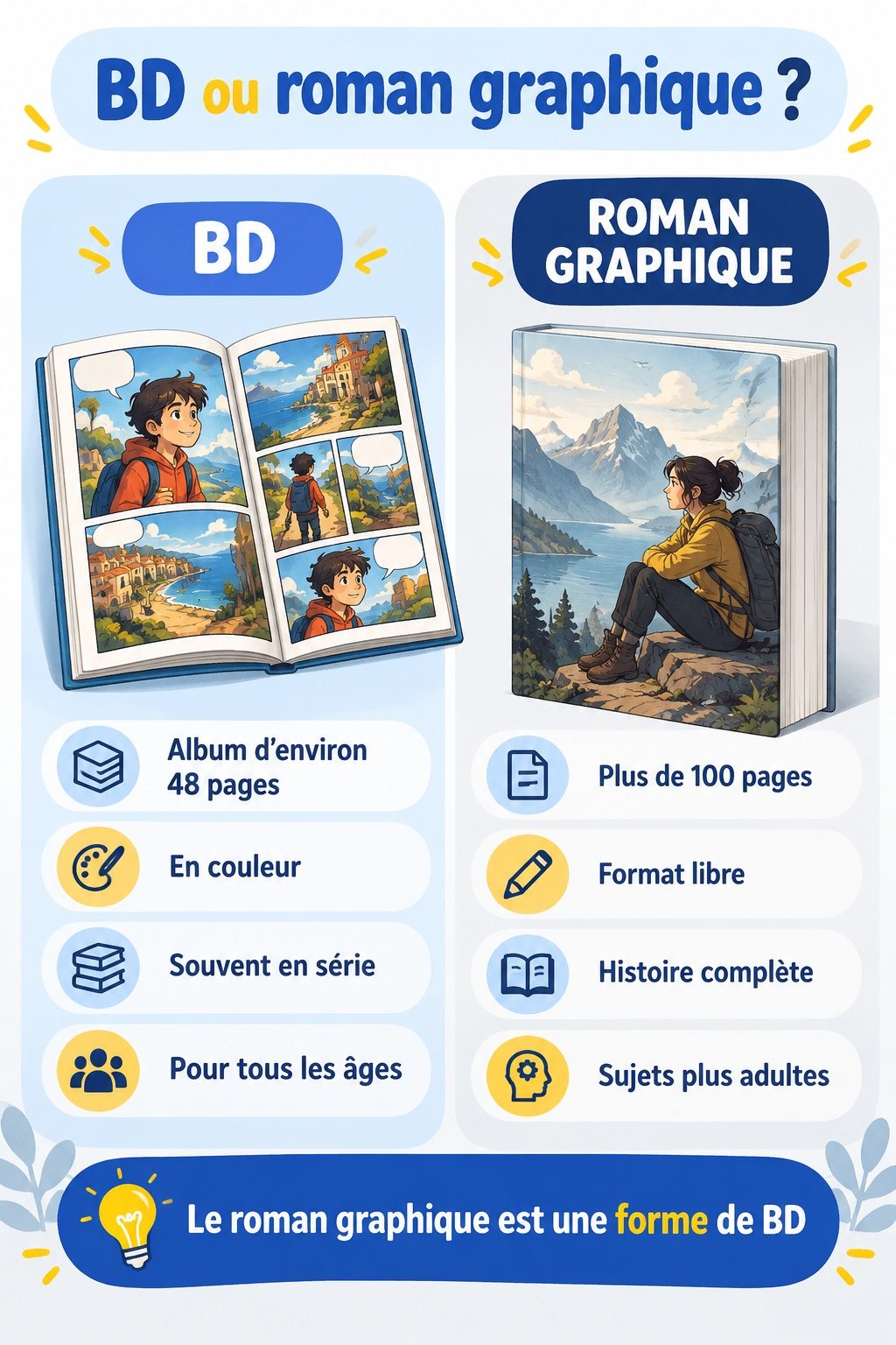 Différence entre BD et roman graphique : infographie comparative