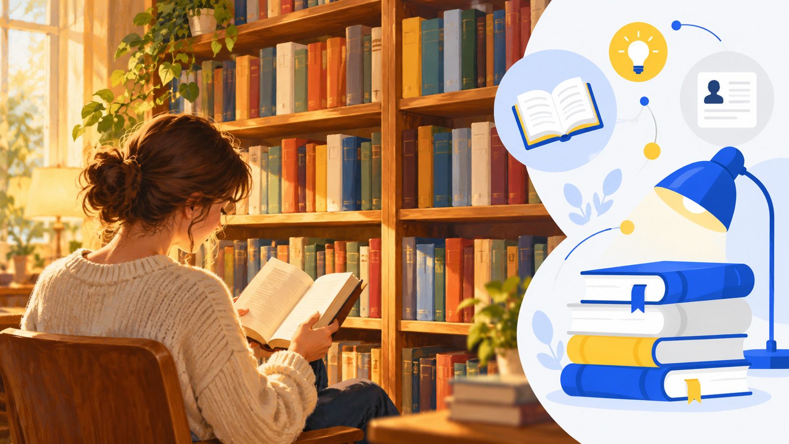 Étagère de bibliothèque remplie de livres de biographies et d'autobiographies aux dos colorés, avec un lecteur qui en feuillette un