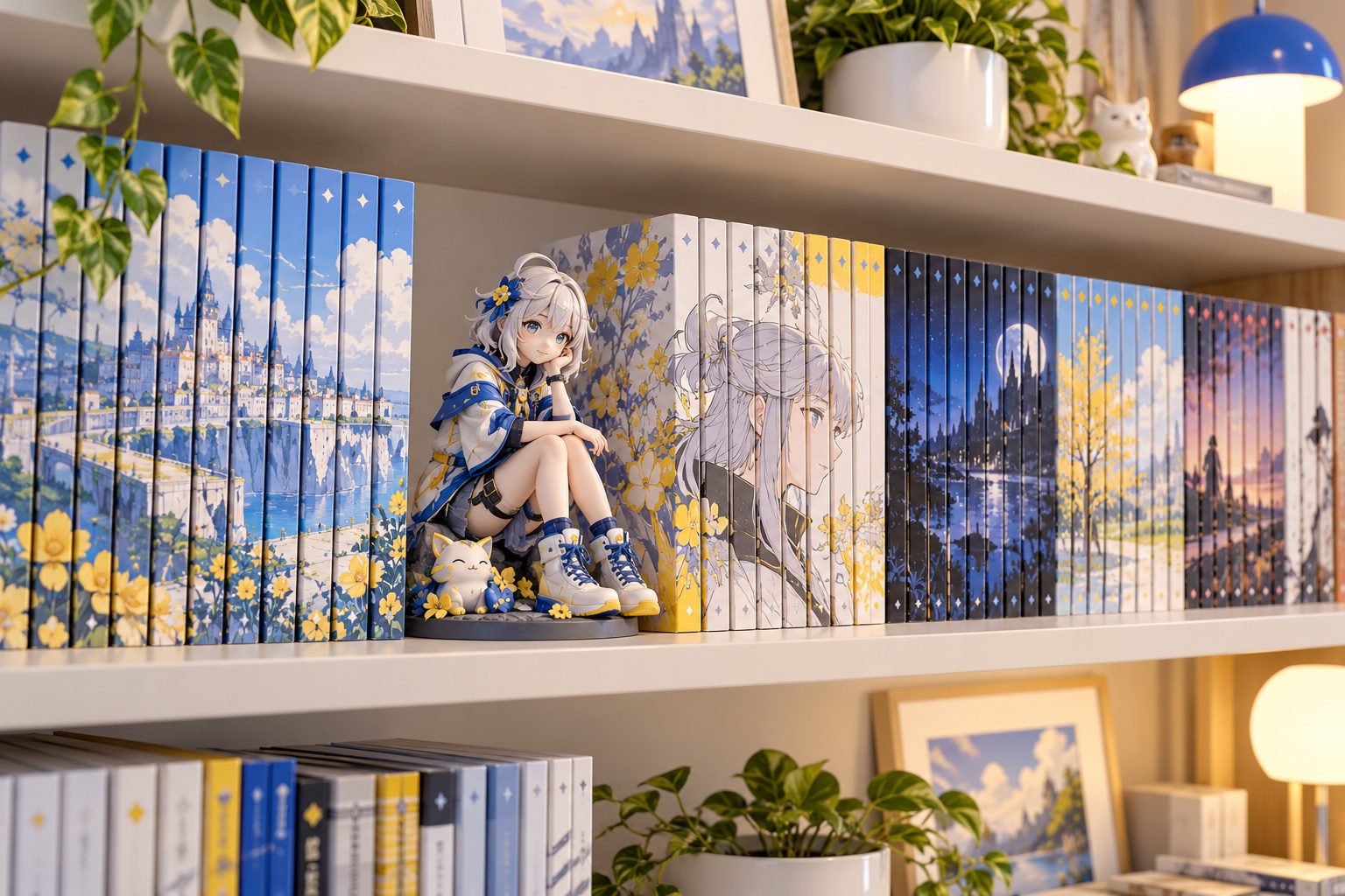 Étagère remplie de volumes de mangas colorés rangés par série, avec une petite figurine posée devant