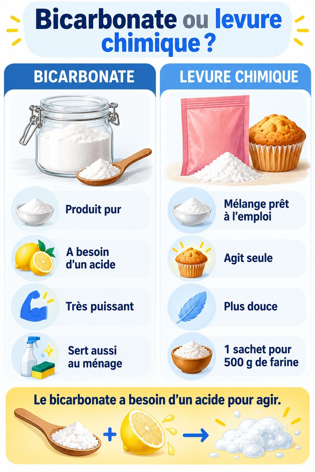 Différence entre bicarbonate de soude et levure chimique : infographie comparative