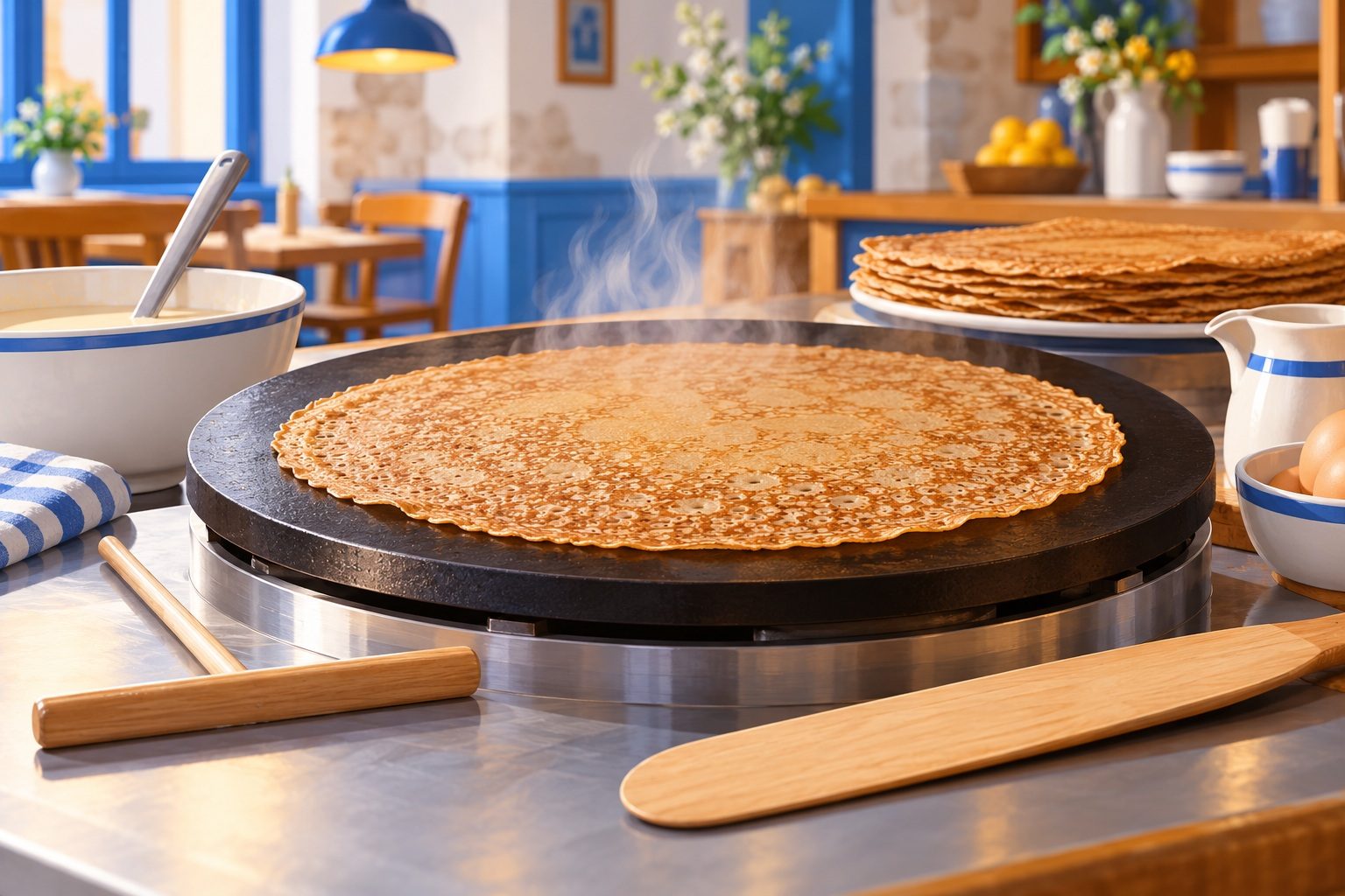 Galette en cours de cuisson sur un billig, une grande plaque ronde en fonte, avec un râteau en bois et une spatule