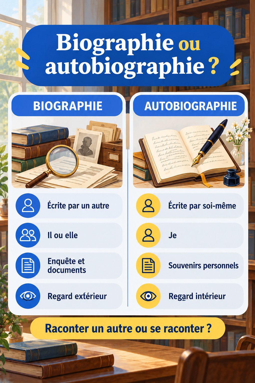 Différence entre biographie et autobiographie : infographie comparative