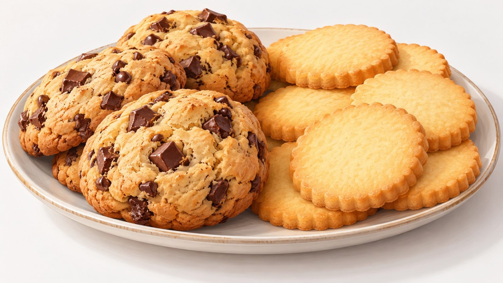 Plateau avec des cookies épais aux pépites de chocolat d'un côté et des sablés ronds et dorés aux bords cannelés de l'autre