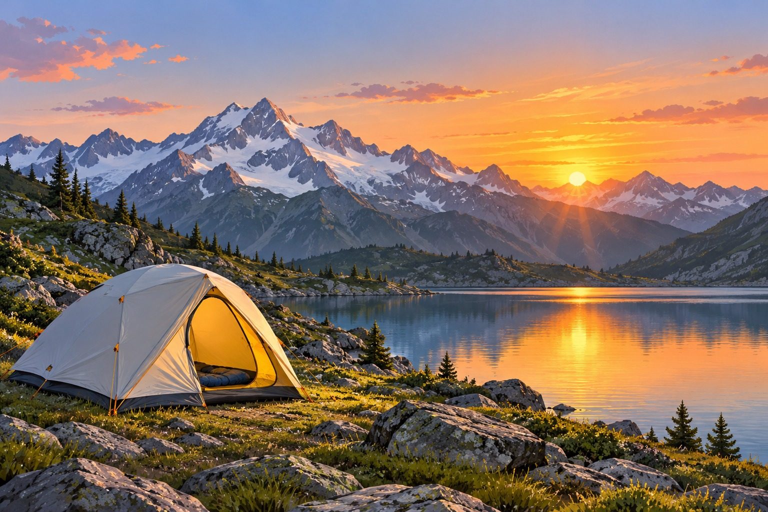 Tente de bivouac installée au bord d'un lac de montagne au coucher du soleil, avec des sommets enneigés en arrière-plan