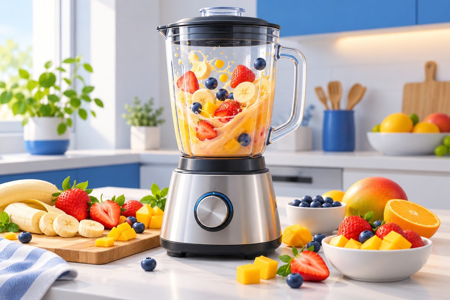 Blender rempli de fruits frais pour préparer un smoothie