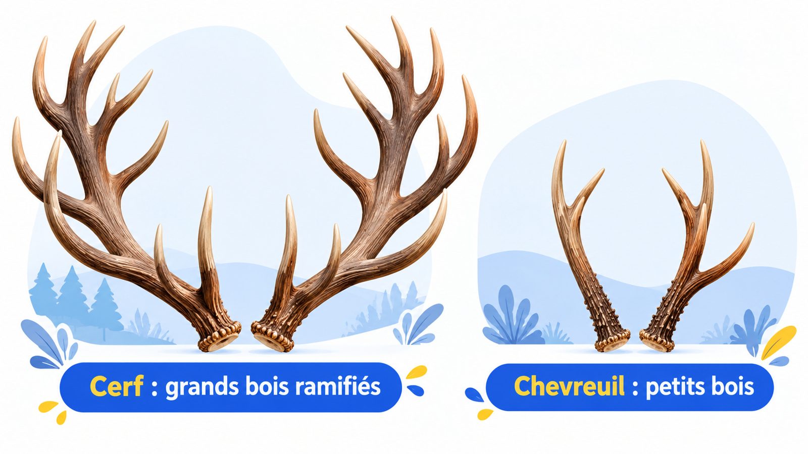 Comparaison des grands bois ramifiés d'un cerf et des petits bois d'un chevreuil