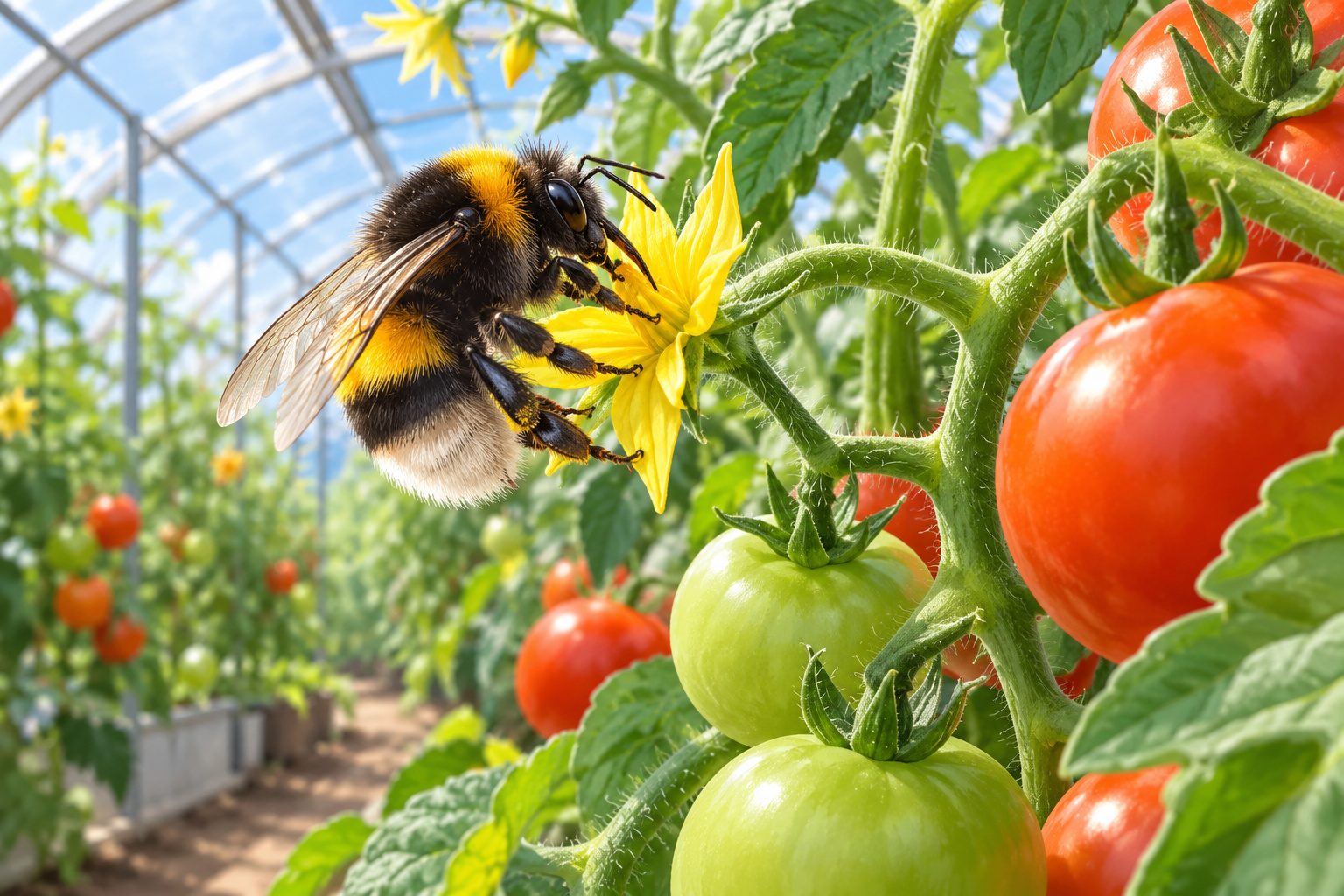 Bourdon qui butine une fleur jaune de tomate