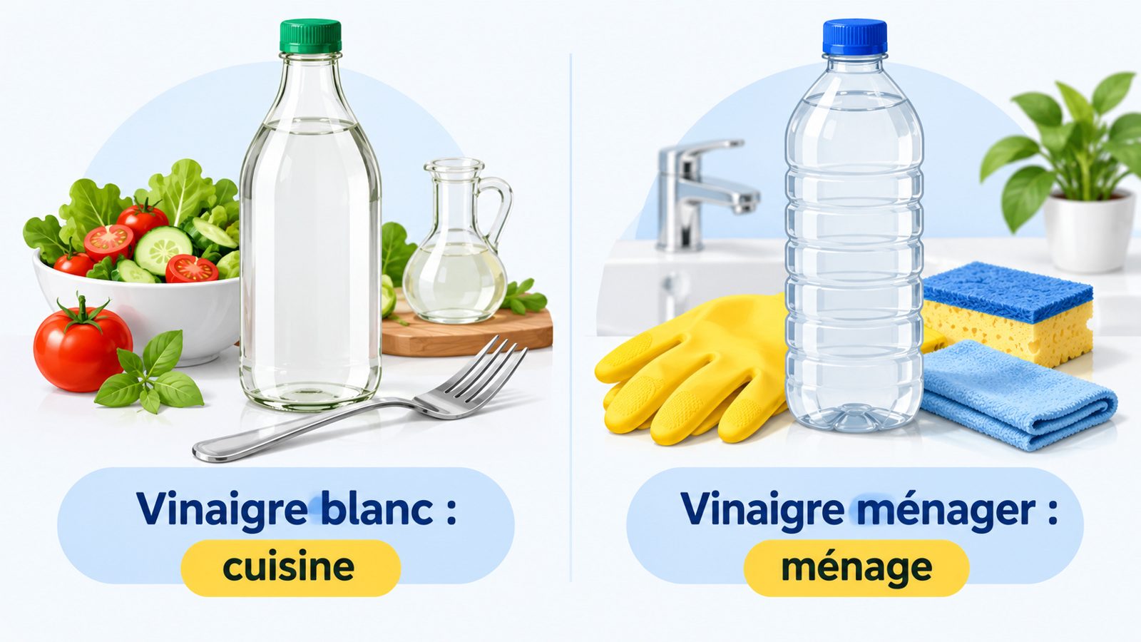Comparaison d'une bouteille de vinaigre blanc en cuisine avec une salade et d'une bouteille de vinaigre ménager avec un pulvérisateur et des gants