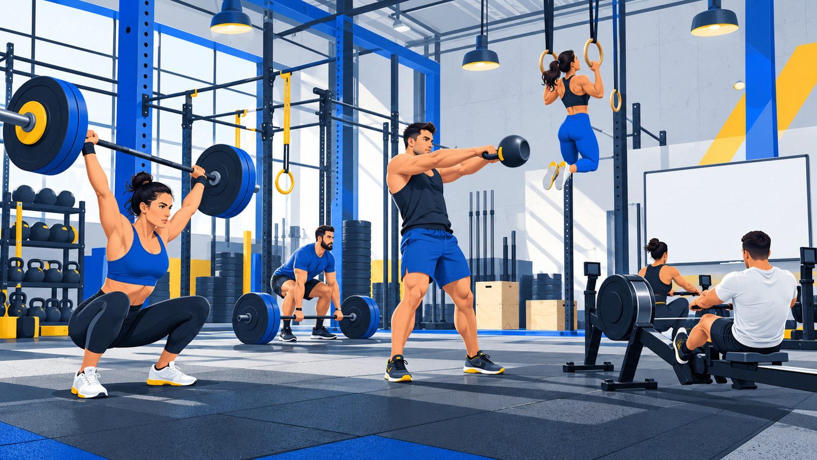 Salle de type box avec barres d'haltérophilie, kettlebells, rameurs et anneaux de gymnastique, et des sportifs en plein entraînement