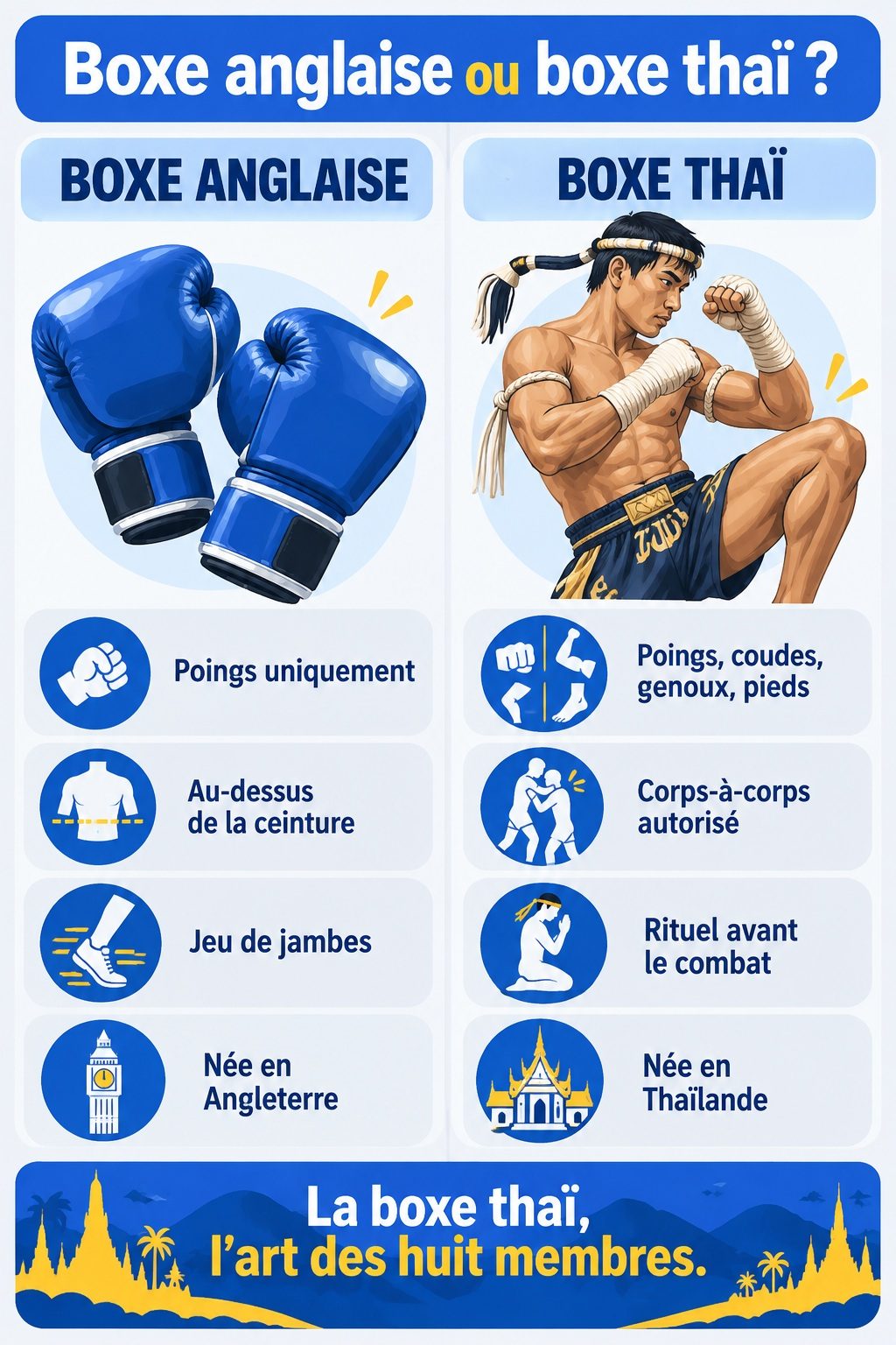 Différence entre boxe anglaise et boxe thaï : infographie comparative