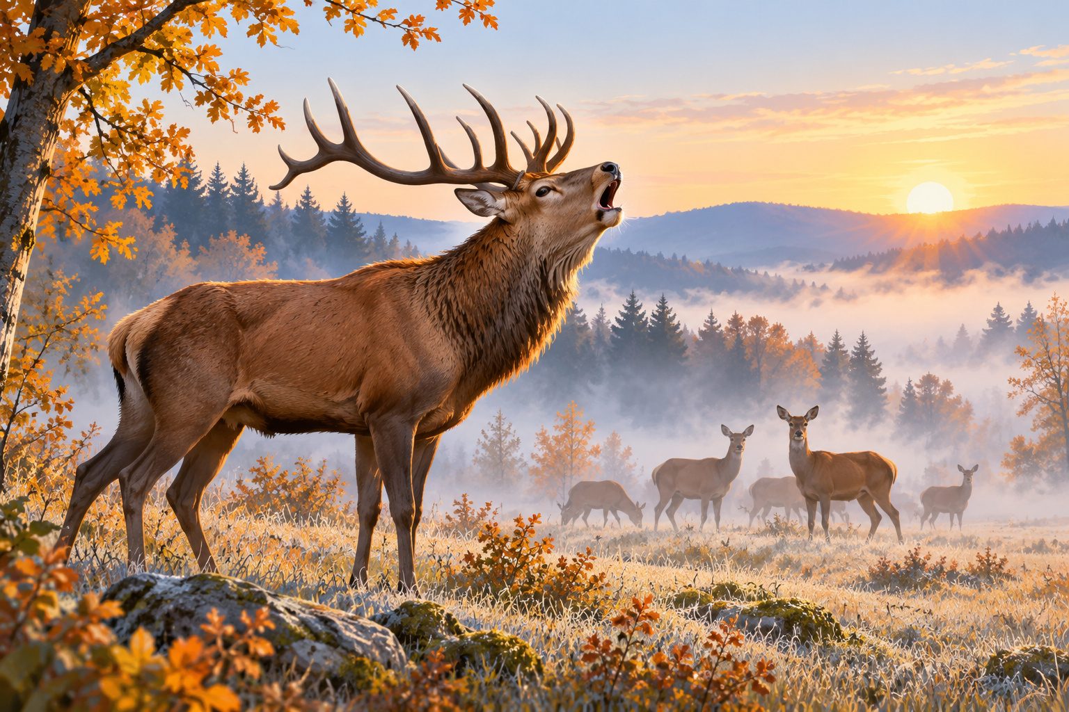 Cerf mâle qui brame dans une clairière brumeuse à l'automne