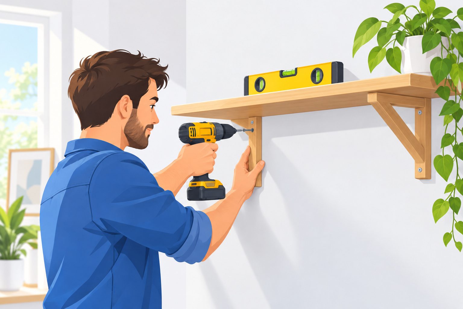 Personne qui fixe une étagère au mur avec une perceuse-visseuse sans fil