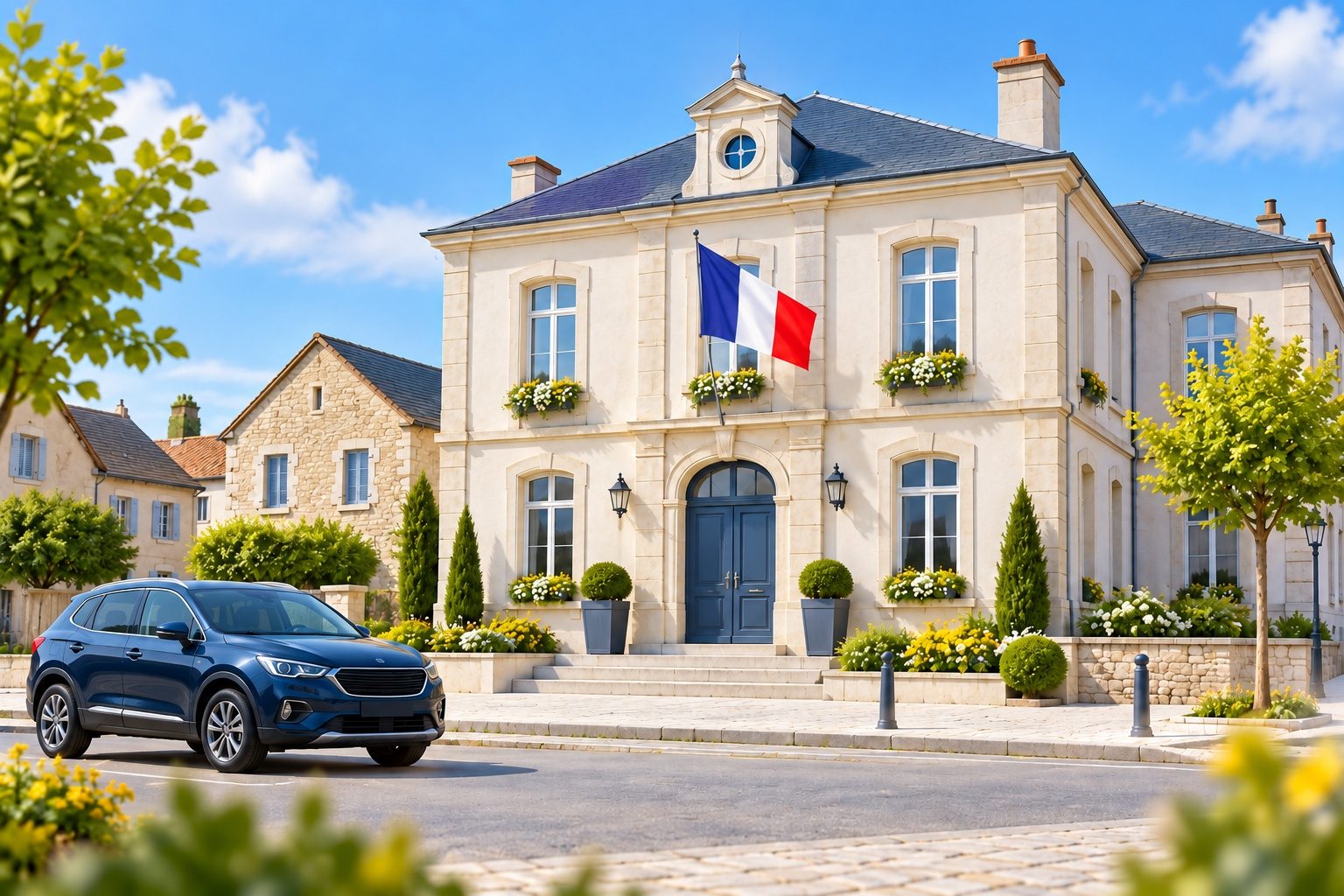 Bâtiment générique de brigade de gendarmerie dans un village avec un véhicule bleu