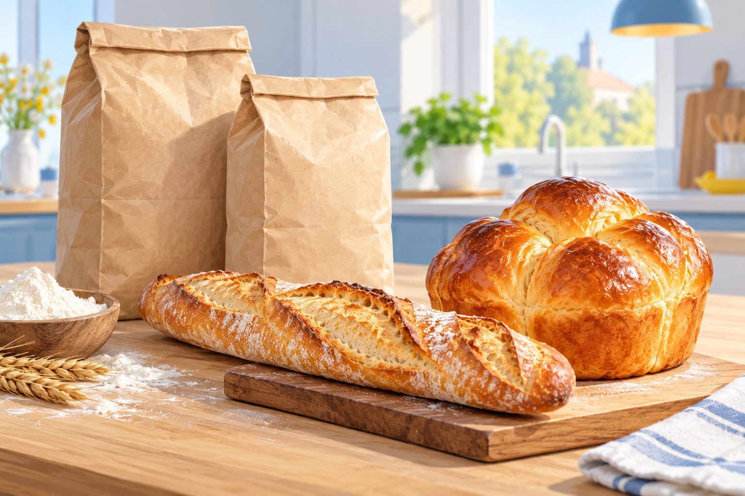 Brioche dorée et baguette croustillante posées sur une planche en bois avec deux sacs de farine en papier kraft