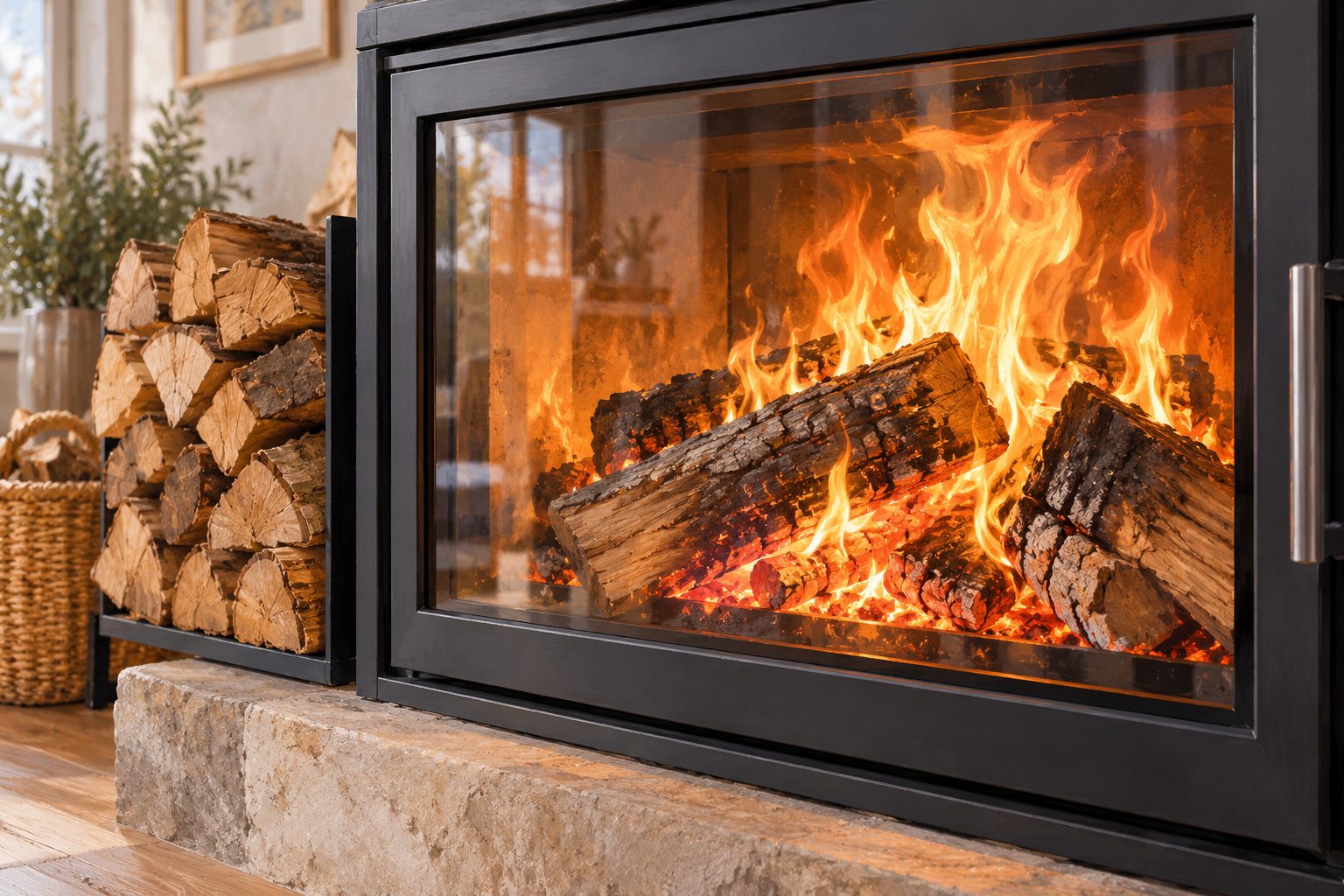 Gros plan sur des bûches qui brûlent derrière la vitre d'un foyer fermé, avec une pile de bois de chauffage à côté