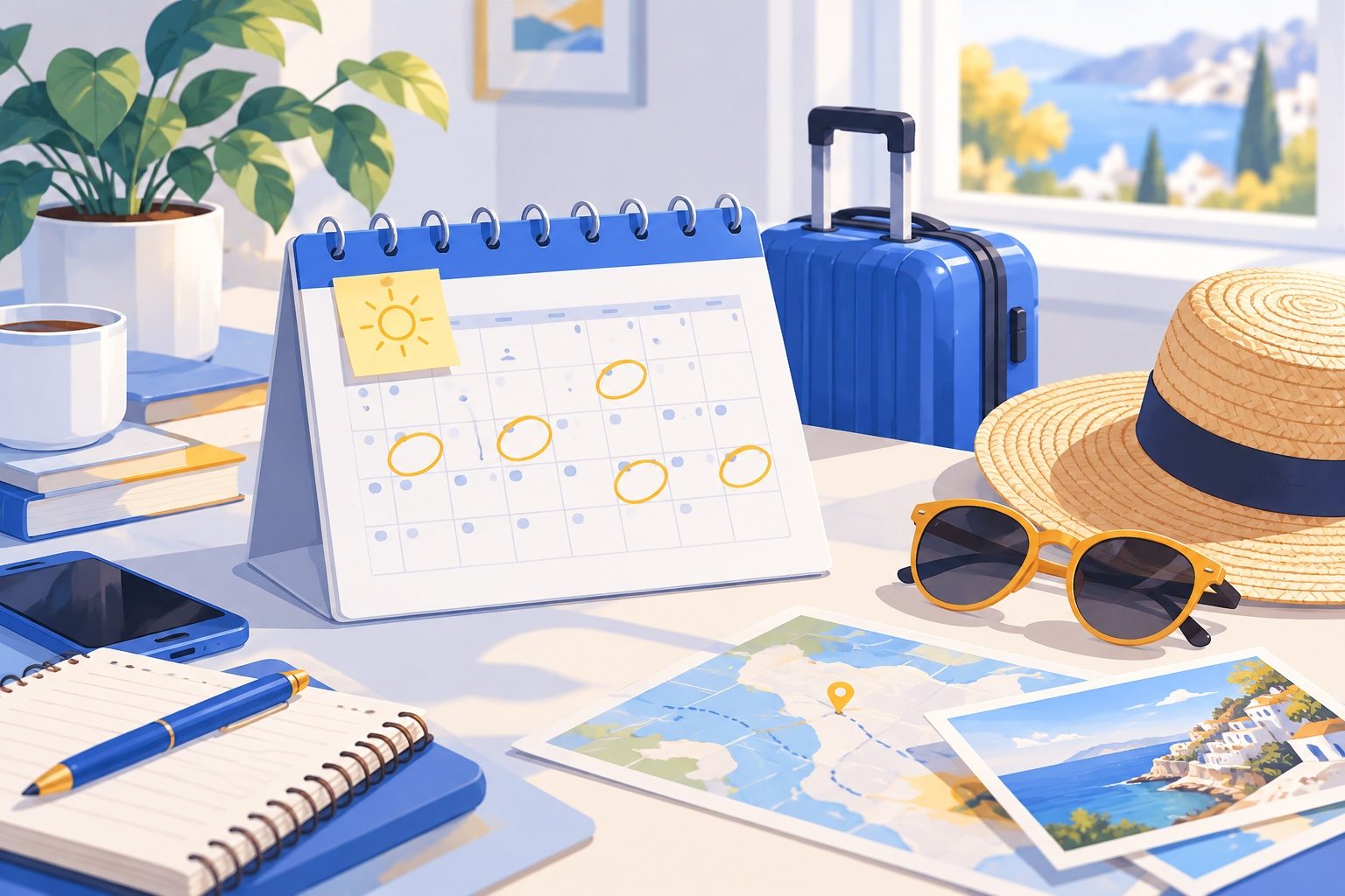 Bureau avec un calendrier où des jours de congés sont entourés et une valise posée à côté