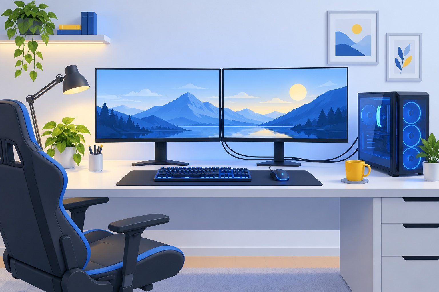 Bureau avec un ordinateur et deux écrans de PC reliés par des câbles, clavier et souris éclairés