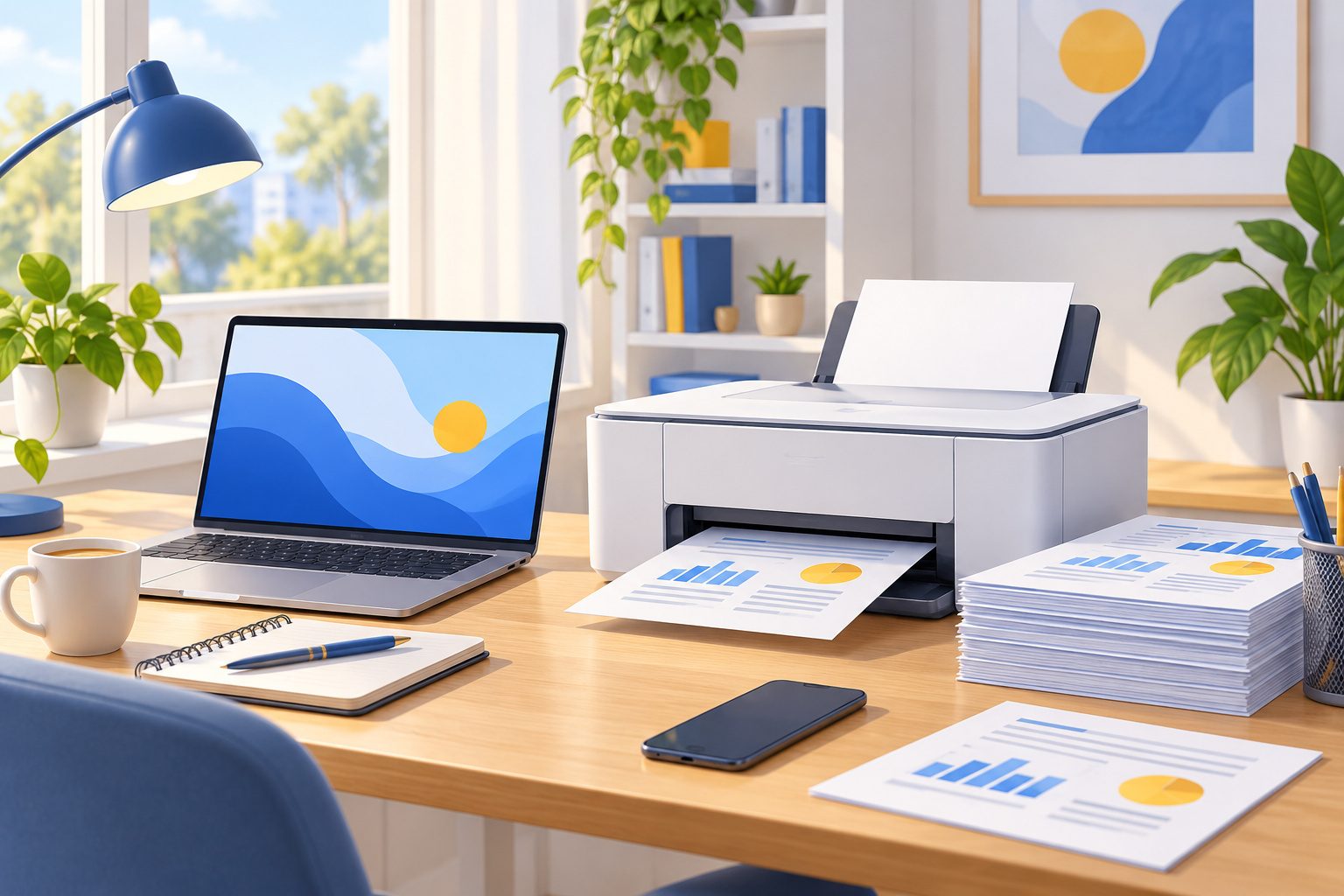 Bureau à domicile avec une imprimante posée à côté d'un ordinateur portable et d'une pile de documents