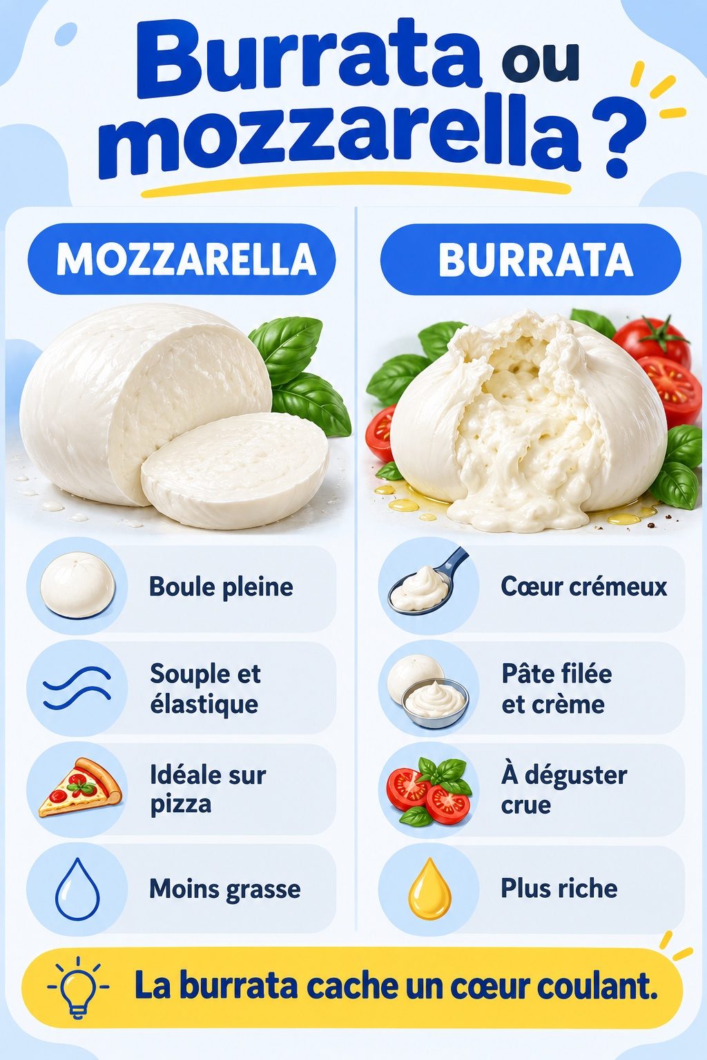 Différence entre burrata et mozzarella : infographie comparative