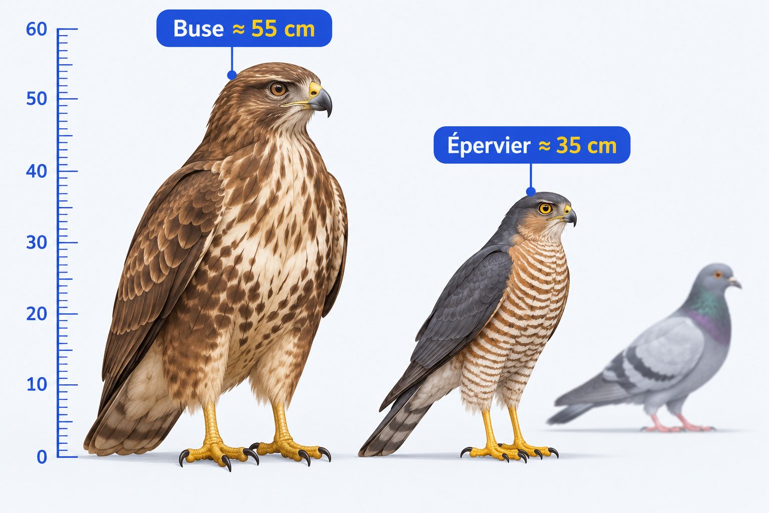 Comparaison de taille entre une buse variable et un épervier d'Europe