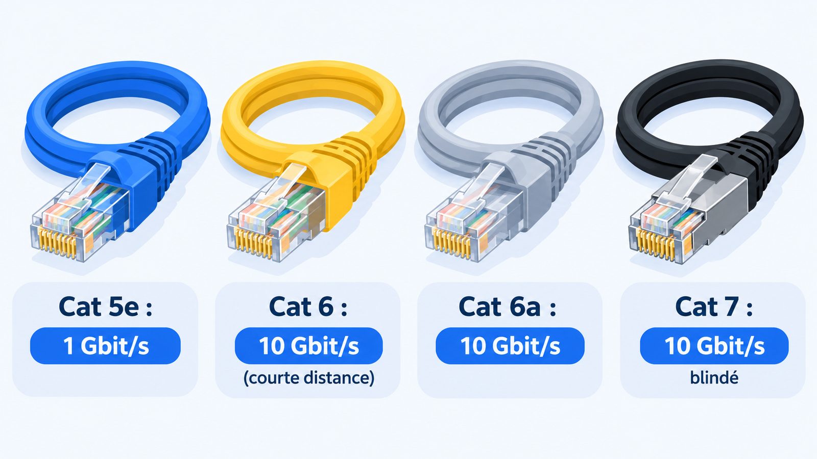 Catégories de câbles Ethernet Cat 5e, Cat 6, Cat 6a et Cat 7