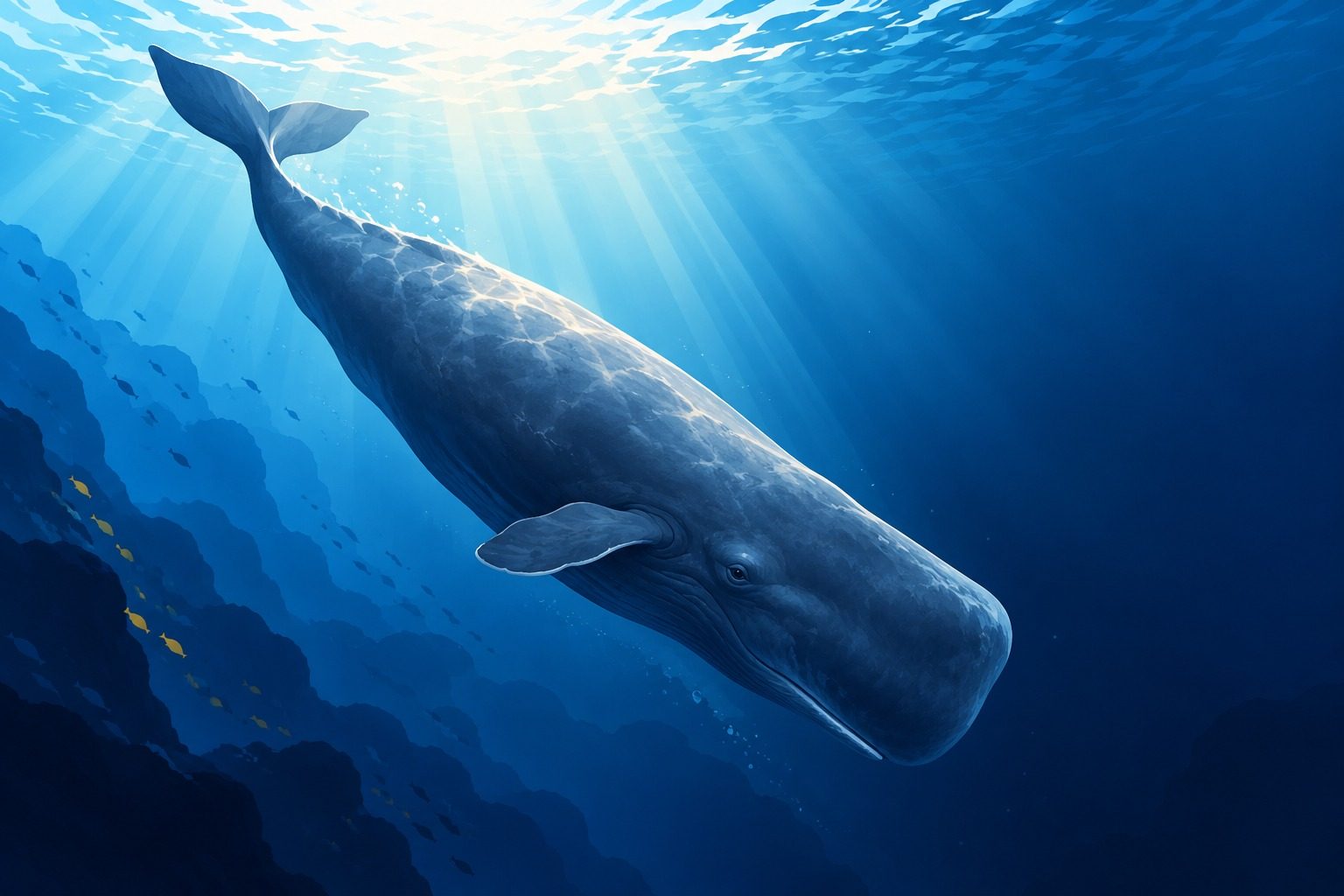 Cachalot qui plonge vers les profondeurs bleu sombre de l'océan, avec un rayon de lumière venant de la surface