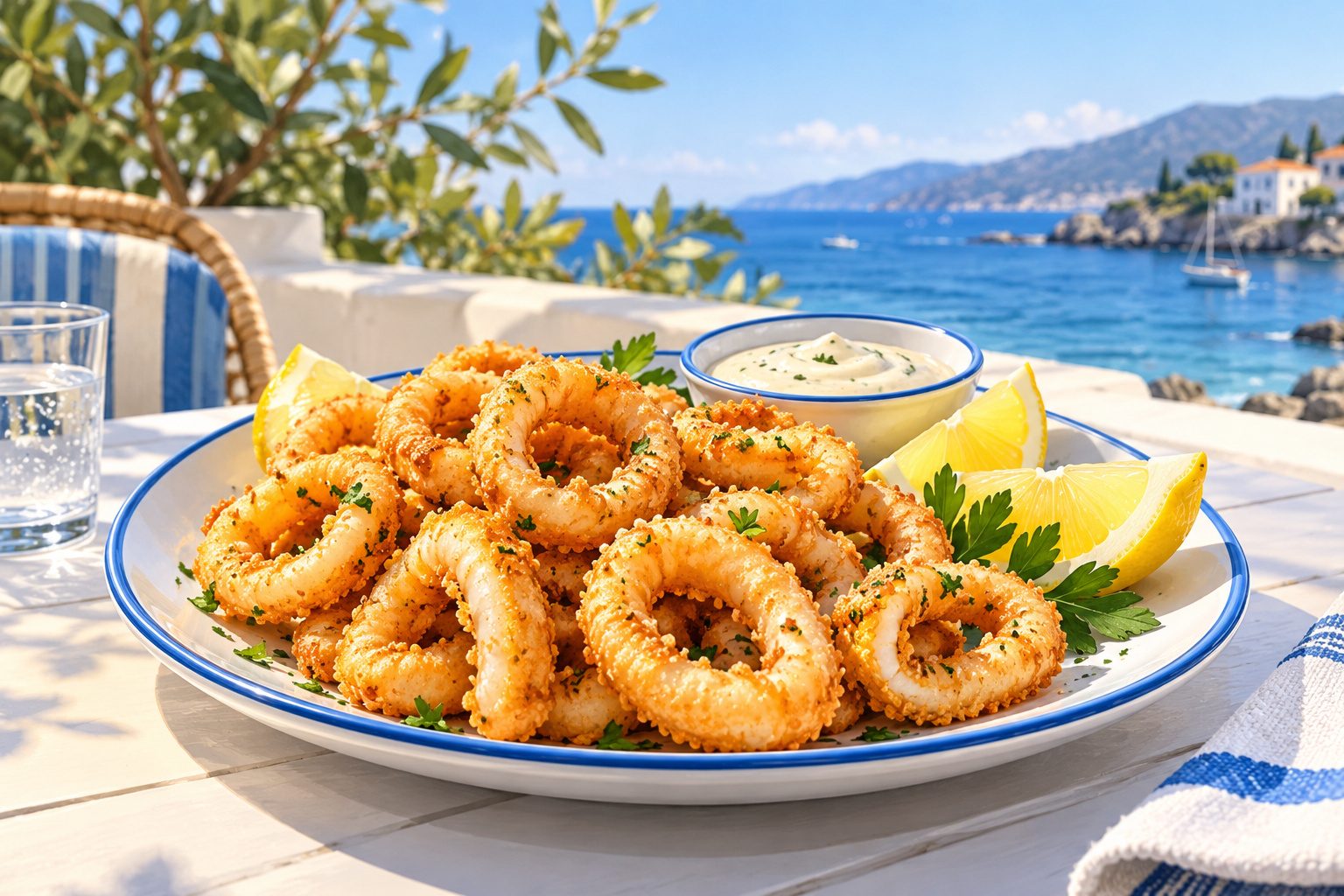 Assiette d'anneaux de calamars frits dorés avec des quartiers de citron