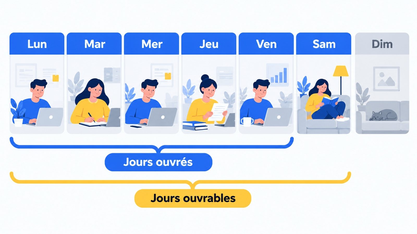 Calendrier d'une semaine montrant les jours ouvrés du lundi au vendredi et les jours ouvrables du lundi au samedi