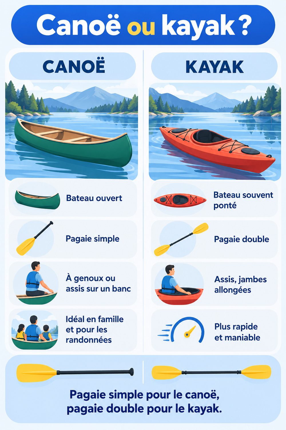 Différence entre canoë et kayak : infographie comparative