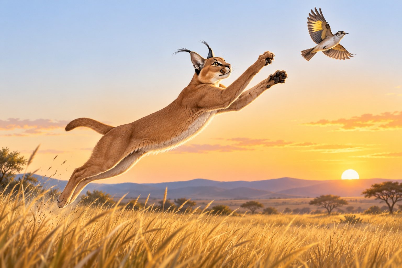 Caracal qui bondit très haut au-dessus des hautes herbes de la savane pour attraper un oiseau en vol, au coucher du soleil