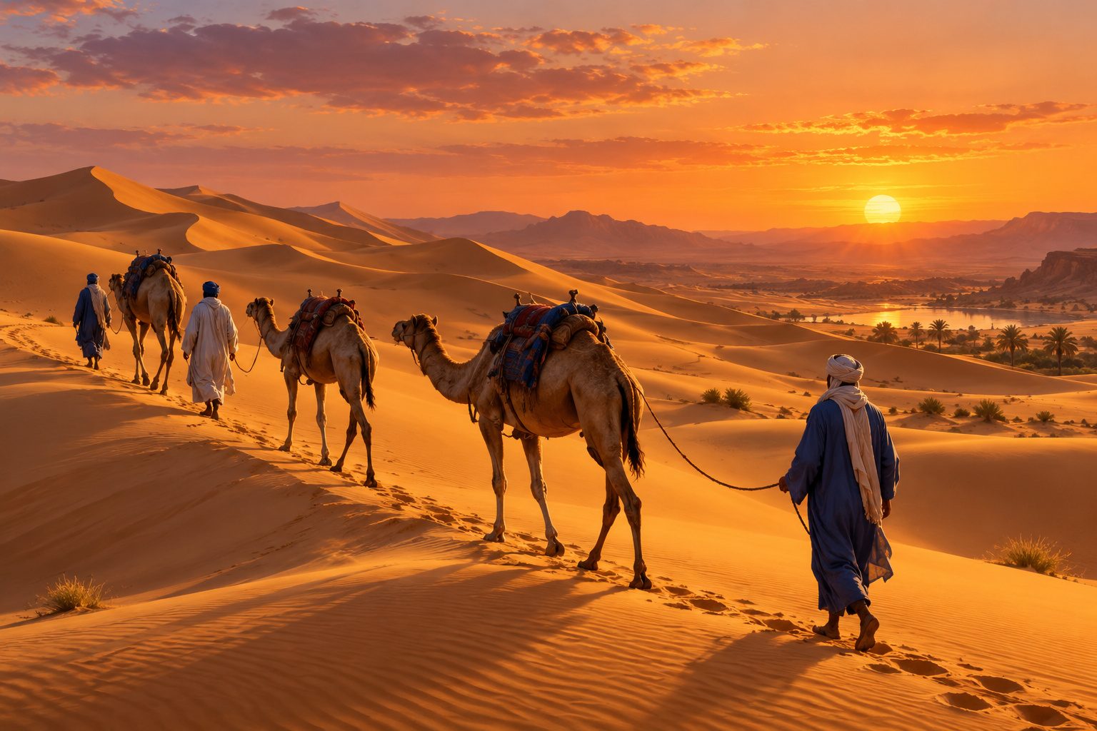 Caravane de dromadaires traversant les dunes du désert au coucher du soleil