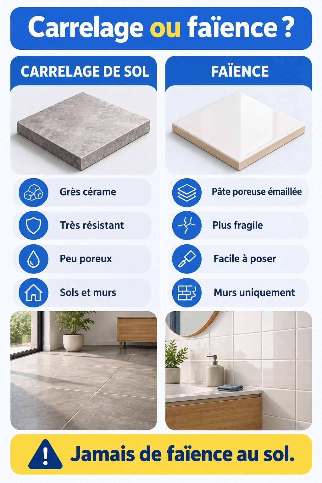 Différence entre carrelage et faïence : infographie comparative