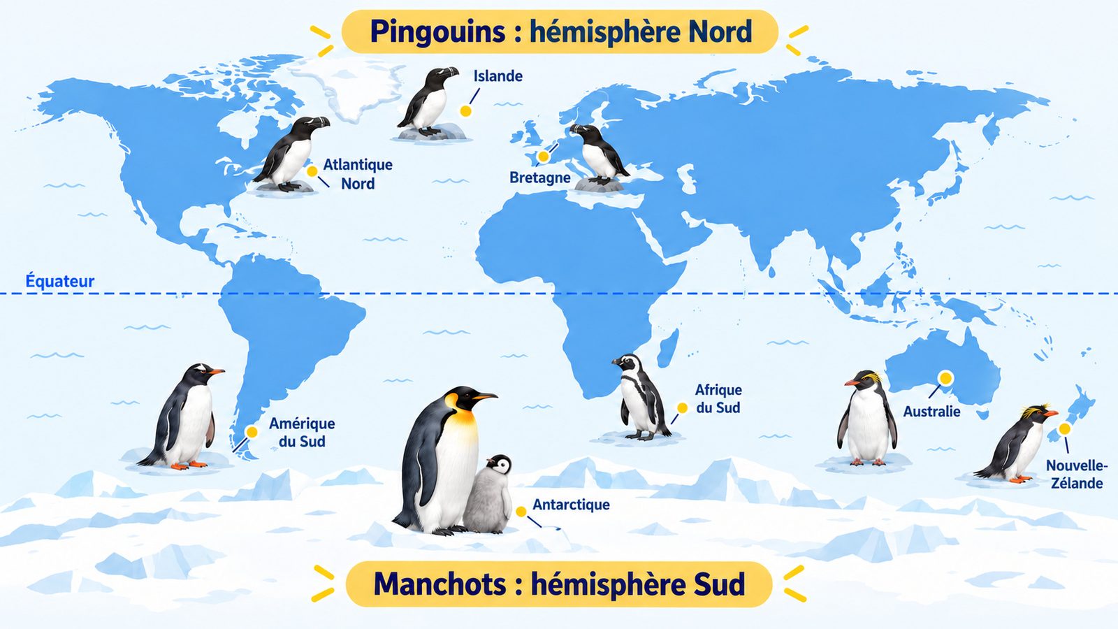 Carte du monde : les manchots dans l'hémisphère Sud, les pingouins dans l'hémisphère Nord
